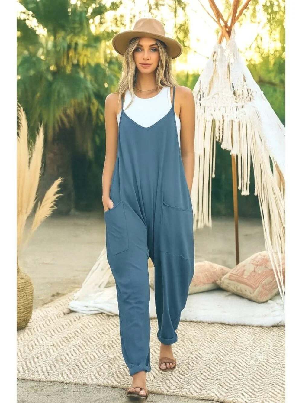Oversized L Hippie V-Neck Sleeveless Wide Leg Pant Oversized One-piece Jumpsuit